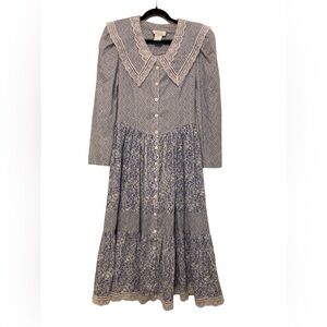 Vintage Gunne Sax Blue Floral Lace Prairie Long Sleeve Maxi Dress Size 9/10